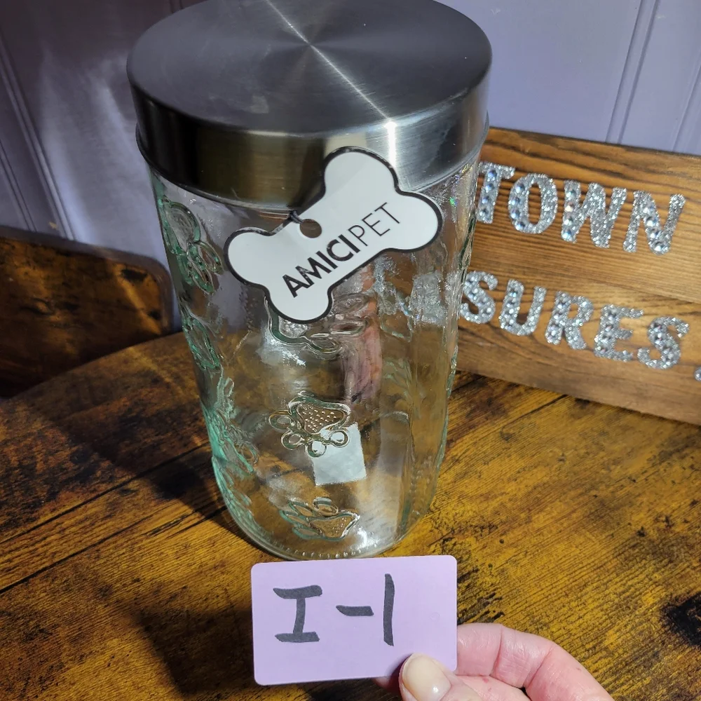 THE PET SHOPPE Glass Dog paw print Storage Jar with Silver Lid
